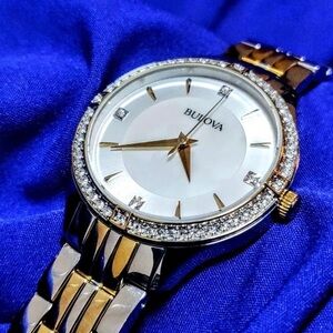 Ladies' Bulova Crystal Accent Two-Tone Watch with Mother-of-Pearl Dial 98L273